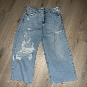 River Island Light Blue Distressed Wide Leg Jeans UK 16 (EUR 42R) 100% Cotton
